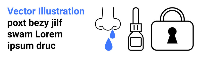 Nose dripping liquid, nasal spray bottle, and a padlock with keyhole. Ideal for healthcare, security, medical, allergy treatment, data protection privacy safety. Landing page