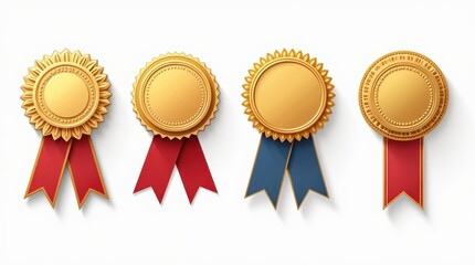 Set of four different, distinct award medals with different ribbons, different elegant decorative elements. Different designs should emphasize premium, with bright colors and different decorations, sy