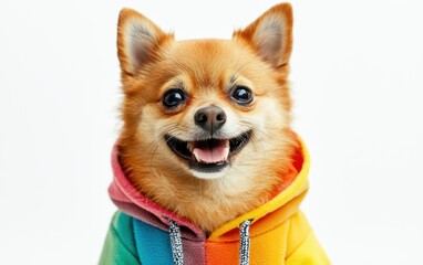 A smiling dog in a colorful hoodie, with a relaxed expression, standing on a bright white background, close-up portrait