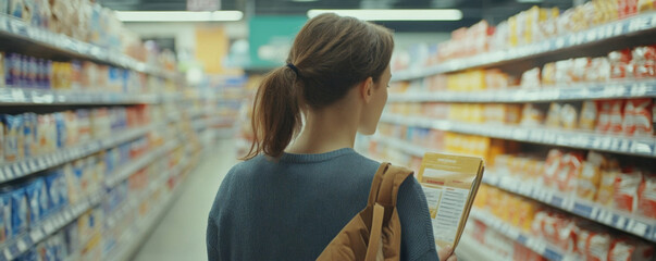 Young woman holding shopping catalog in grocery store aisle