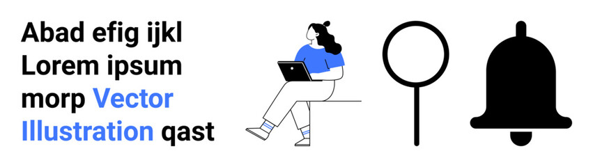 Text blocks next to a person using a laptop, magnifying glass, bell icon. Ideal for education, technology, web design, search, notifications, modern apps, minimalistic aesthetics. Landing page