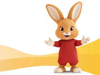 Obraz premium Adorable bunny in a red shirt with outstretched arms standing confidently against a yellow wave patterned background in a cheerful illustration