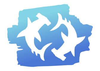 Ilustración de vida marina. Silueta de pareja de tiburón martillo girando en círculo en trazo de pincel de pintura azul