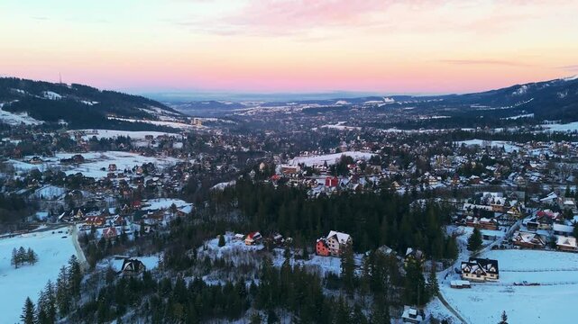 Aerial dolly view, Zakopane picturesque town, Polish landmarks