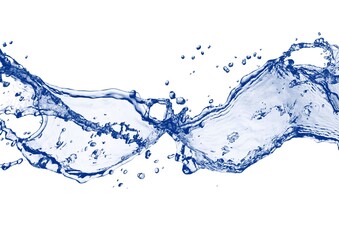 Obraz premium 白い背景に流れる青い波と水しぶきの3dイラスト