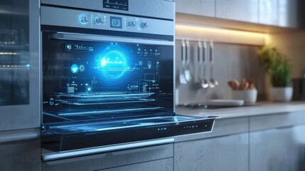 A futuristic oven with holographic controls in a high-tech kitchen