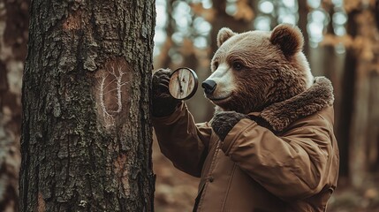 A curious bear detective in a cozy brown jacket carefully examining a set of unusual markings on a tree