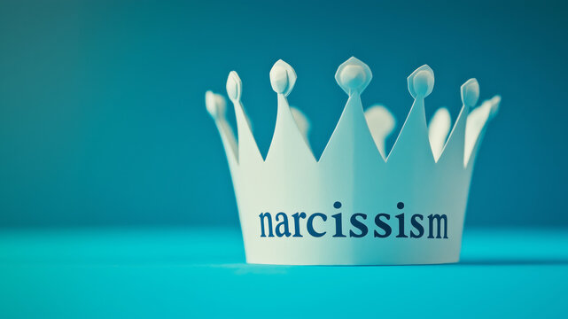 Narcissism word on a white paper crown on blue background with copy space, concept of a narcissist person, Narcissistic personality disorder in adults