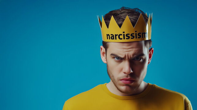 Narcissism word on a paper crown of an young arrogant man on blue background with copy space, concept of a narcissist person, Narcissistic personality disorder in adults.