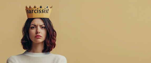 Narcissist word on a paper crown of an young arrogant woman on beige background, concept of narcissism, Narcissistic personality disorder in adults. Banner with copy space for text