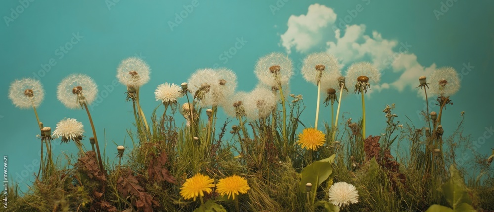 Poster whimsical arrangement of dandelions and seed heads creating a playful meadow atmosphere under a brig