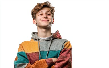 Fototapeta premium A smiling student in a colorful hoodie, with a relaxed expression, standing on a bright white background, close-up portrait