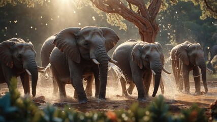 A group of elephants playfully splashing in water under a tree during golden hour.