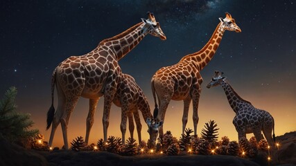 Obraz premium A serene scene of giraffes against a starry sky, surrounded by pinecones and soft lighting.
