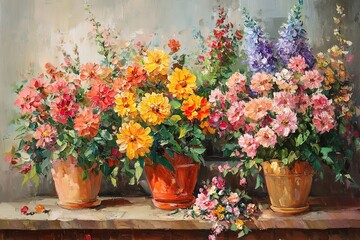 Vibrant Flowers in Blue Pots - A Colorful Still Life Painting