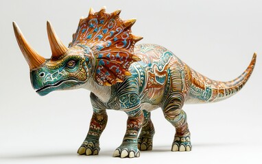 Obraz premium A vibrant Triceratops standing confidently, with intricate skin patterns, displayed on a bright white surface