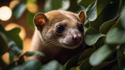 A close-up of a small mammal nestled among lush green leaves.