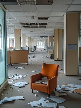 Abandoned empty office interior with papers scattered on floor