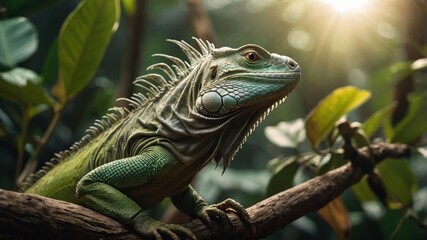Fototapeta premium A vibrant iguana perched on a branch in a lush, sunlit environment.