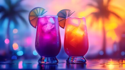 of two colorful pastel cocktail drinks with tropical palm tree silhouettes against a vibrant sunset beach scene  Concept of summer vacation tropical party or refreshing beverage