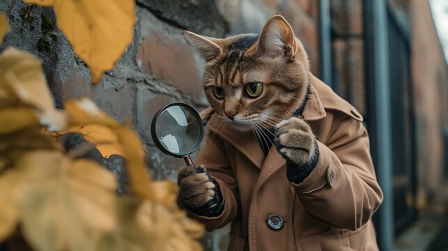 A curious cat detective in a brown trench coat using a magnifying glass to inspect a mysterious object found in an alleyway