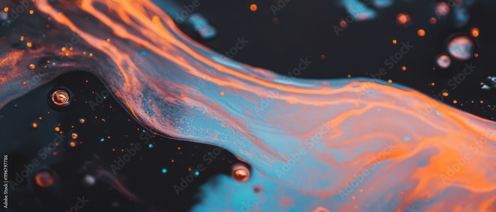 Poster Dynamic abstract patterns of oil and water create a vivid display of organic swirls against a black backdrop