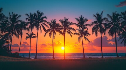 Obraz premium Breathtaking tropical sunset scene with tall palm trees casting intricate silhouettes against a vibrant colorful sky over the serene reflecting ocean
