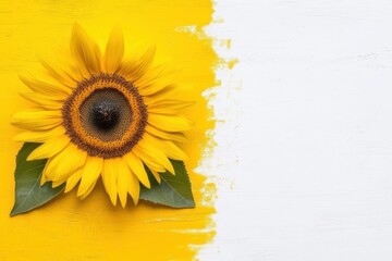 A vibrant sunflower against a bright yellow and white backdrop, embodying warmth and cheerfulness.