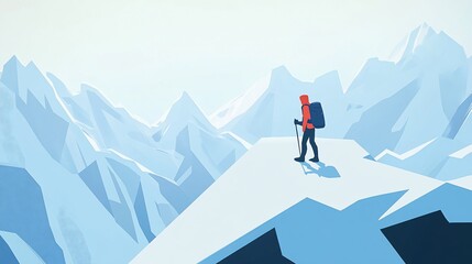 Climber atop snowy mountain peak, overlooking vast icy landscape.