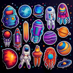 Colorful space stickers featuring rockets, planets, and galaxies for fun cosmic exploration