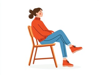 Relaxed woman sitting on a chair in casual attire against a minimal backdrop conveying comfort simplicity and mindfulness in a modern lifestyle inspired vector design