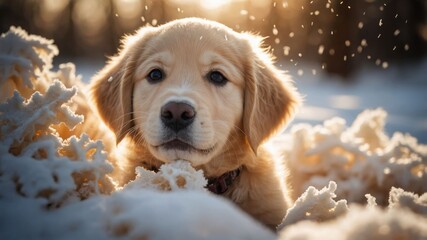 A golden retriever puppy resting in snow, surrounded by a serene winter landscape.