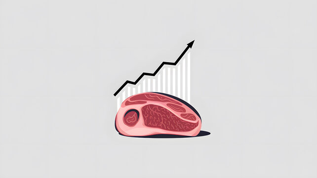 A small slice of fresh meat with a clear rising graph, illustrating the increasing price of meat in a creative visual representation. 
