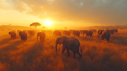 Majestic herd of elephants at sunset serengeti wildlife photography