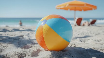 Obraz premium Bright and cheerful beach ball resting under a colorful beach umbrella surrounded by the calm and serene ocean waves evoking a sense of summer vacation and relaxation