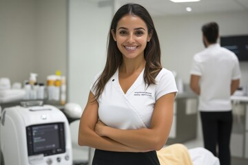 female medical worker in overalls, a business person works in the office of a cosmetologist, dentist. The lady smiles. a scene of benevolence and relaxation