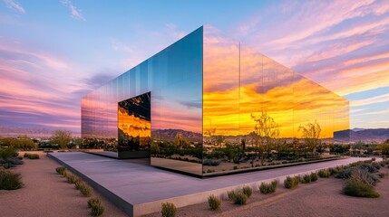 Obraz premium Modern Architectural Structure Reflecting Colorful Sunset Skies