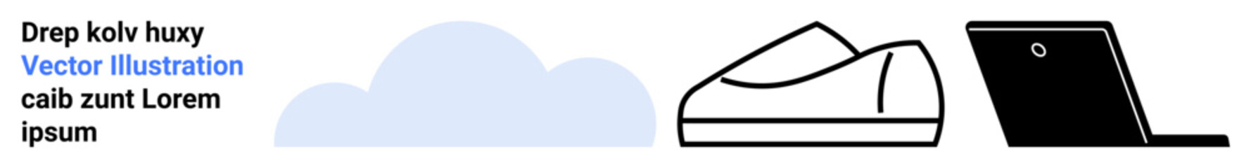 Cloud shape, outlined shoe, open laptop, black and blue text. Ideal for web design, technology, fashion, cloud computing, minimalism, e-commerce, modern design. Landing page