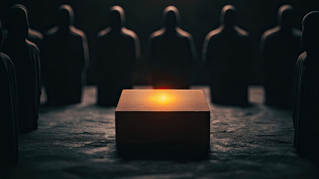 A mysterious scene with shadowy figures surrounding a glowing box, creating an atmosphere of intrigue and contemplation.