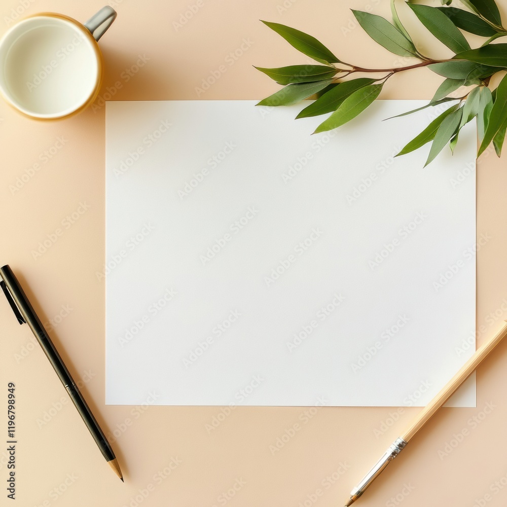 Aufkleber empty workspace with copy space featuring a clean background, stationery, and greenery. generative a