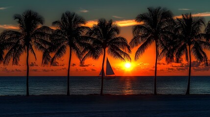 Fototapeta na wymiar Peaceful sunset scene with silhouetted palm trees and a distant sailboat on the horizon creating a tranquil and serene tropical beach landscape