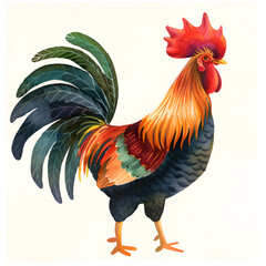 Fototapeta premium Colorful rooster with vibrant feathers on light background