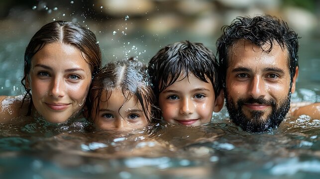 Close up photograph of a happy family of four including a mother father and two children with their heads submerged underwater experiencing a fun carefree summer adventure and recreation together