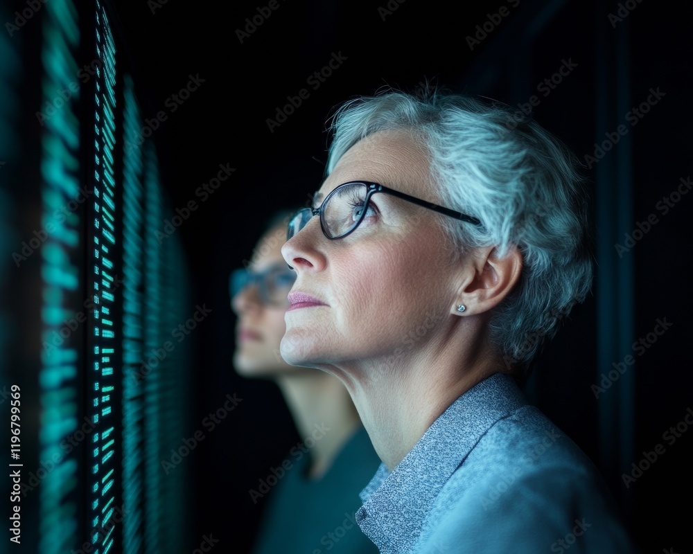 Poster Ambient Corporate Cybersecurity Middle-aged Individuals Analyzing Digital Displays in a High-Tech Server Room for Modern Network Security Solutions