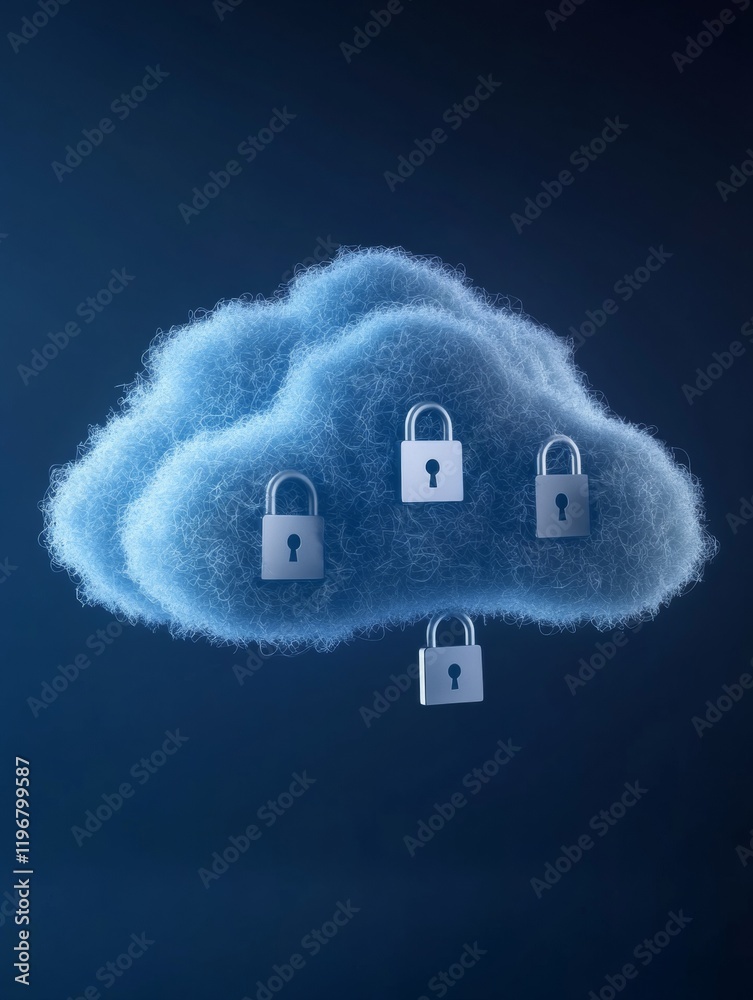 Poster Minimalist Cybersecurity Visualization Textured Cloud with Padlock Icons on Blue Background - Secure Data Solutions for Tech Innovation and Network Safety