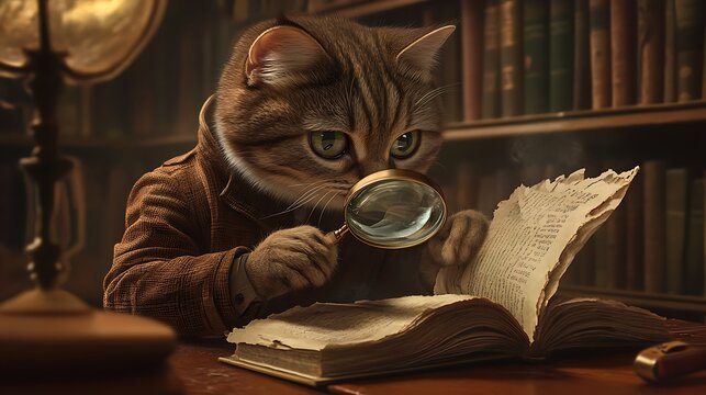 A curious cat detective in a brown outfit using a magnifying glass to inspect a torn piece of paper found in a library