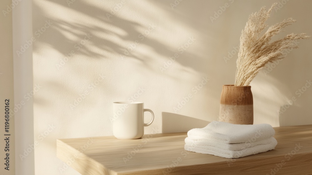 Poster scandinavian minimalist workspace wooden desk with ceramic mug and soft textiles in natural light - 