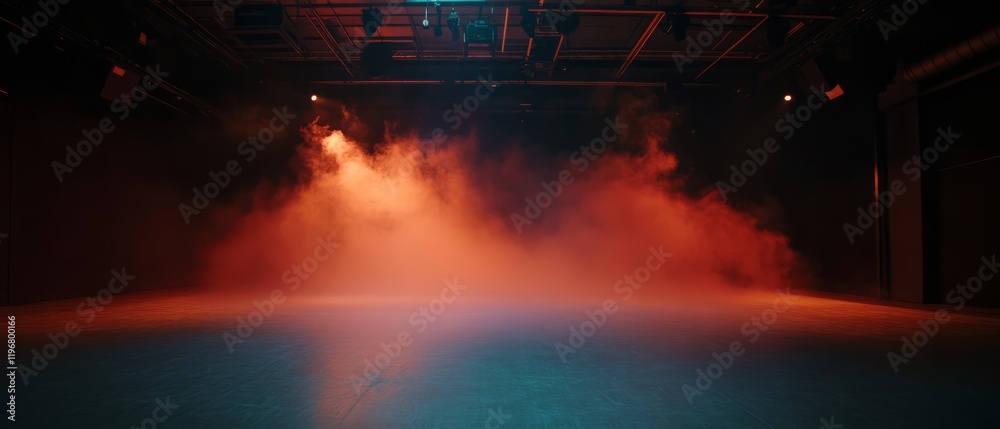 Poster empty dance floor awaits excitement with colorful lighting and swirling fog in a vibrant venue