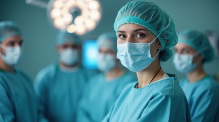 Focused Surgeon in Operating Room with Medical Team and Bright Surgical Lights