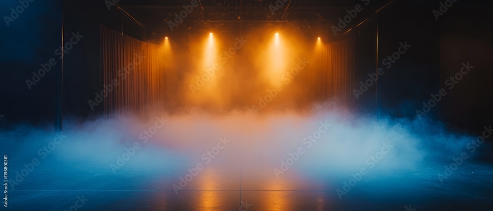 Aufkleber Dynamic lighting illuminates an empty dance floor enveloped in swirling fog, creating an atmosphere of anticipation